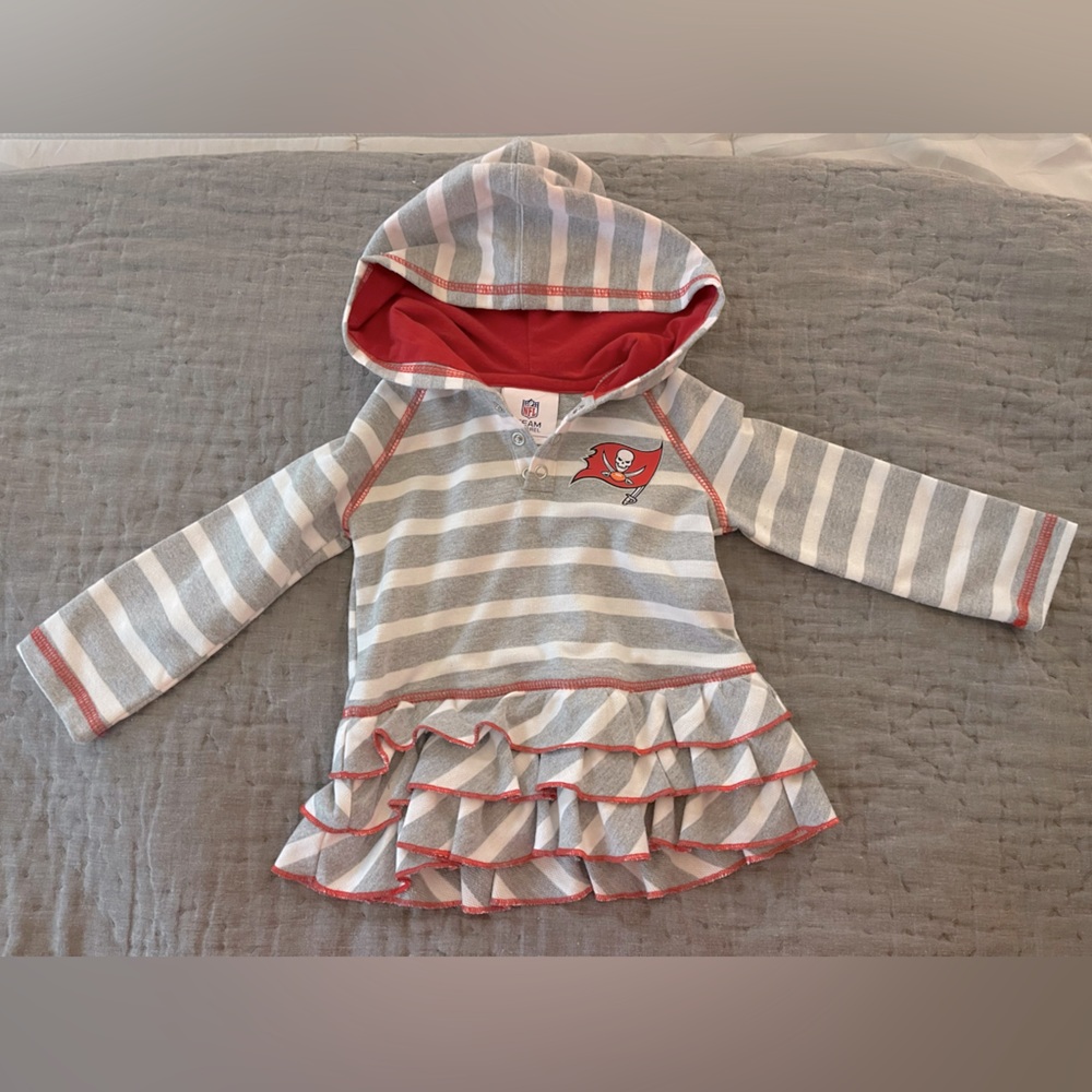 NFL Tampa Bay Buccaneers Football Gray Red Striped Kids Hoodie Dress 18 Months